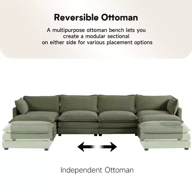 Hyleory Canapé d'angle moderne 6 places en velours côtelé de 373 cm de large avec deux ottomans