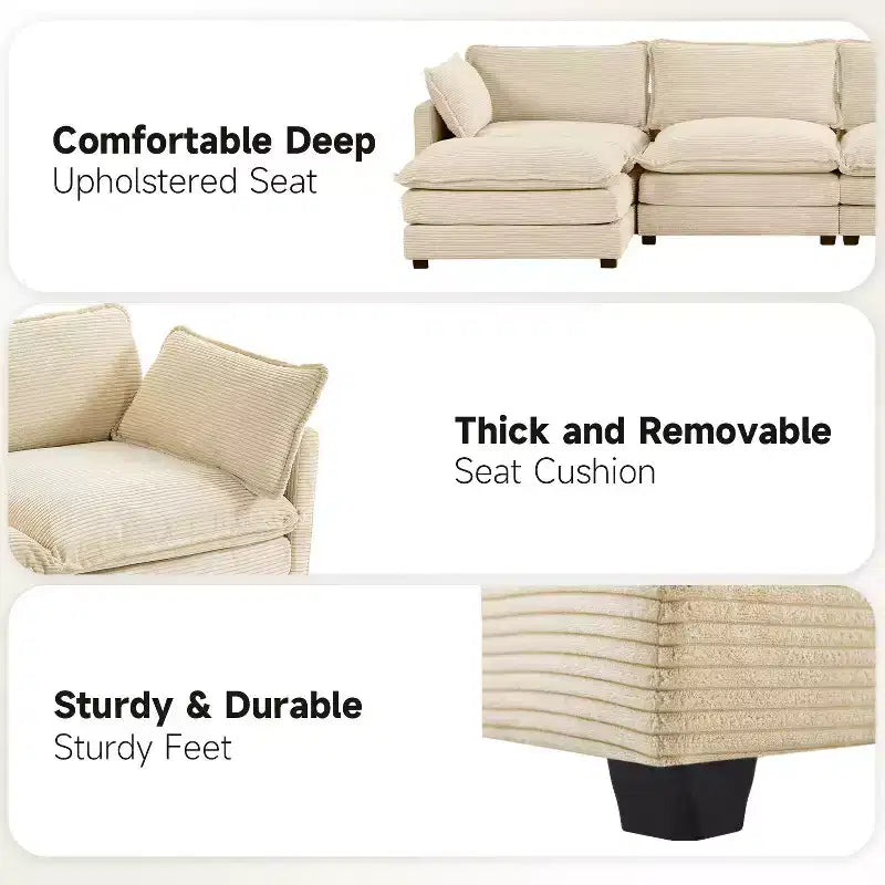 Hyleory Canapé d'angle moderne 6 places en velours côtelé de 373 cm de large avec deux ottomans