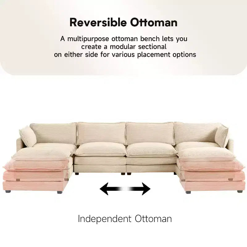 Hyleory Canapé d'angle moderne 6 places en velours côtelé de 373 cm de large avec deux ottomans