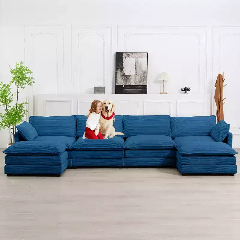 Hyleory Canapé d'angle moderne 6 places en velours côtelé de 373 cm de large avec deux ottomans