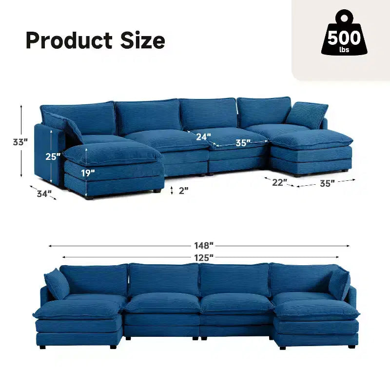 Hyleory Canapé d'angle moderne 6 places en velours côtelé de 373 cm de large avec deux ottomans