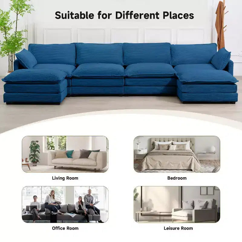 Hyleory Canapé d'angle moderne 6 places en velours côtelé de 373 cm de large avec deux ottomans
