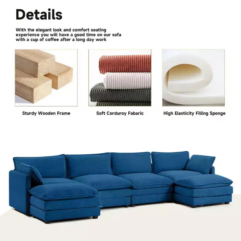 Hyleory Canapé d'angle moderne 6 places en velours côtelé de 373 cm de large avec deux ottomans