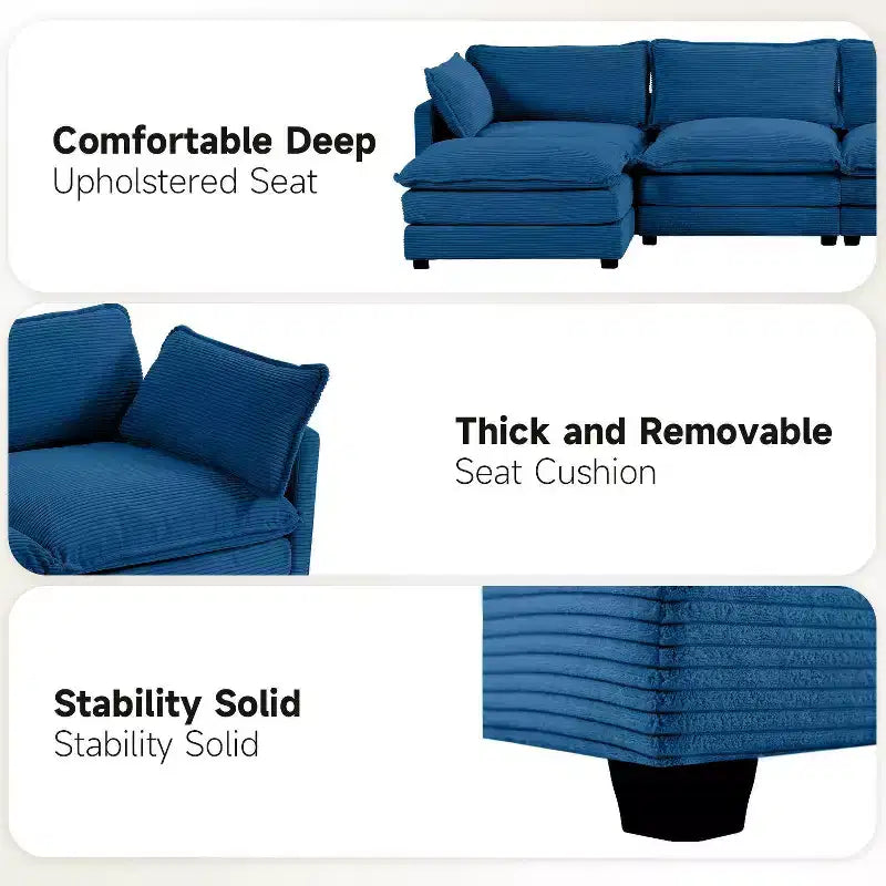 Hyleory Canapé d'angle moderne 6 places en velours côtelé de 373 cm de large avec deux ottomans