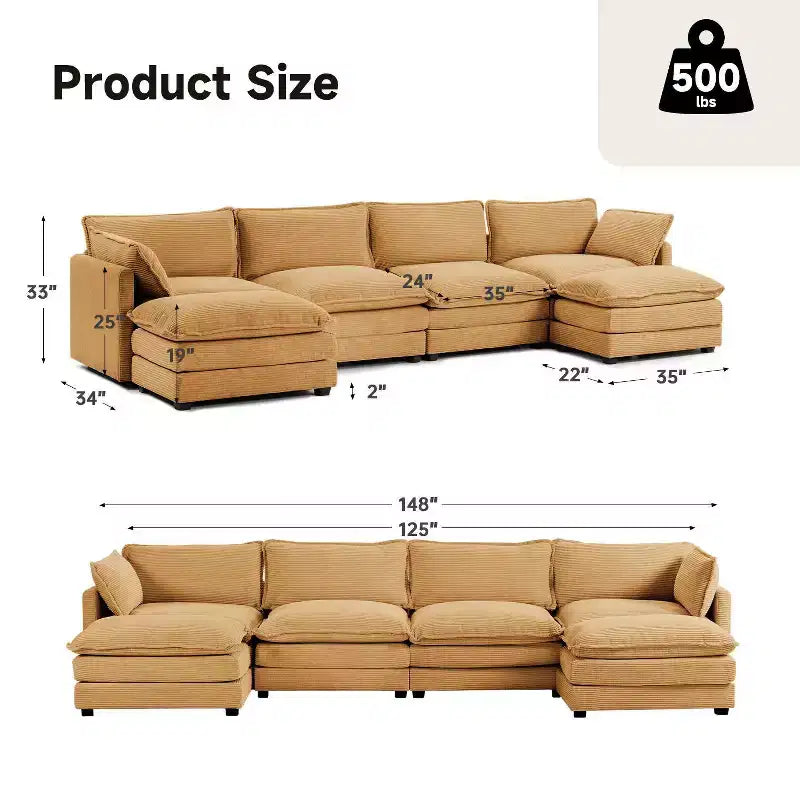Hyleory Canapé d'angle moderne 6 places en velours côtelé de 373 cm de large avec deux ottomans