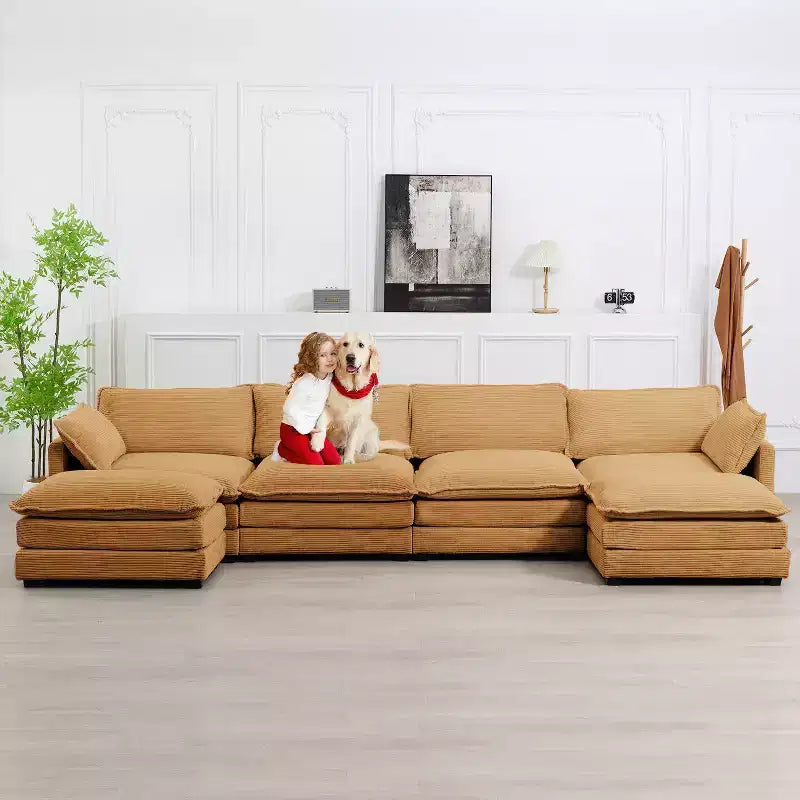 Hyleory Canapé d'angle moderne 6 places en velours côtelé de 373 cm de large avec deux ottomans