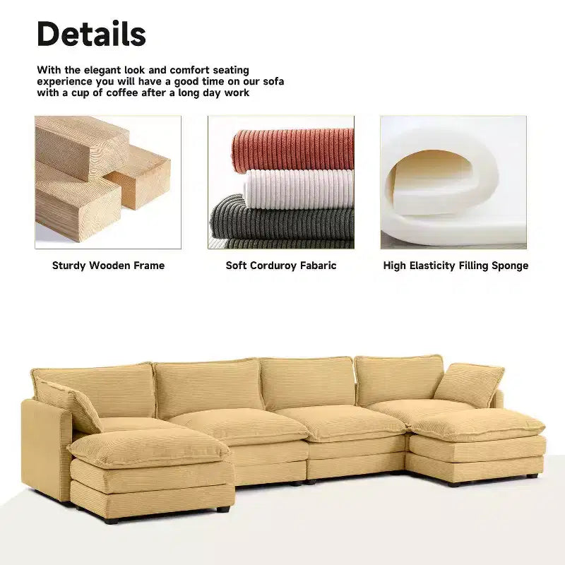 Hyleory Canapé d'angle moderne 6 places en velours côtelé de 373 cm de large avec deux ottomans