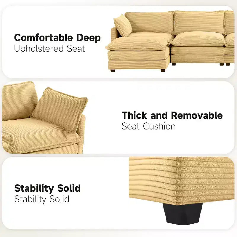 Hyleory Canapé d'angle moderne 6 places en velours côtelé de 373 cm de large avec deux ottomans
