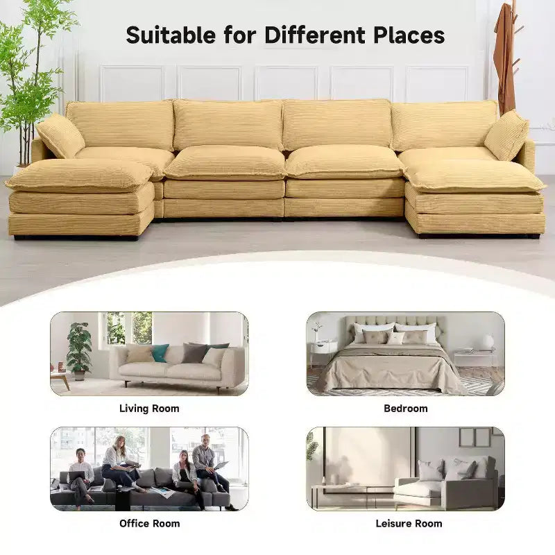 Hyleory Canapé d'angle moderne 6 places en velours côtelé de 373 cm de large avec deux ottomans