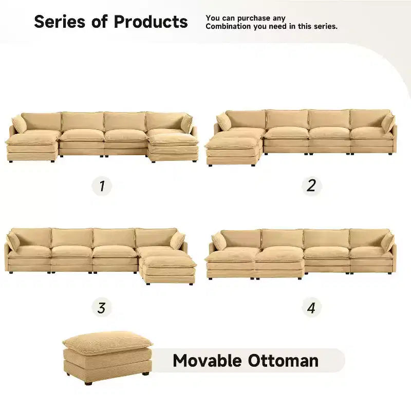 Hyleory Canapé d'angle moderne 6 places en velours côtelé de 373 cm de large avec deux ottomans