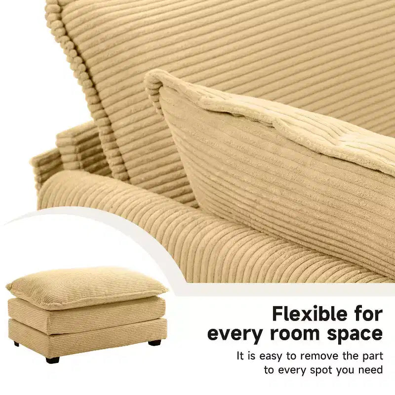 Hyleory Canapé d'angle moderne 6 places en velours côtelé de 373 cm de large avec deux ottomans