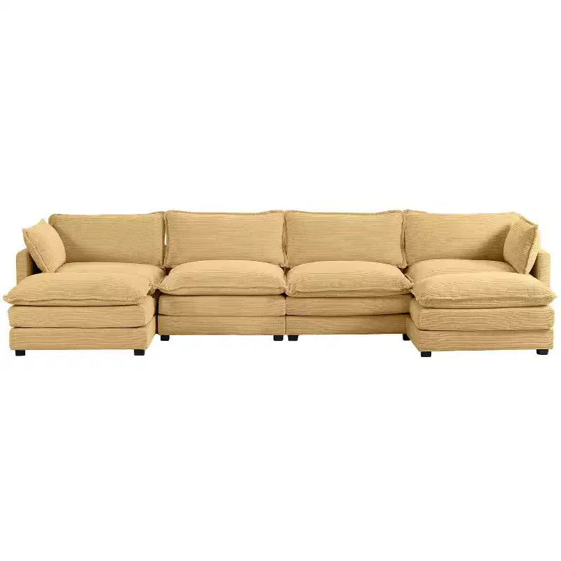 Hyleory Canapé d'angle moderne 6 places en velours côtelé de 373 cm de large avec deux ottomans