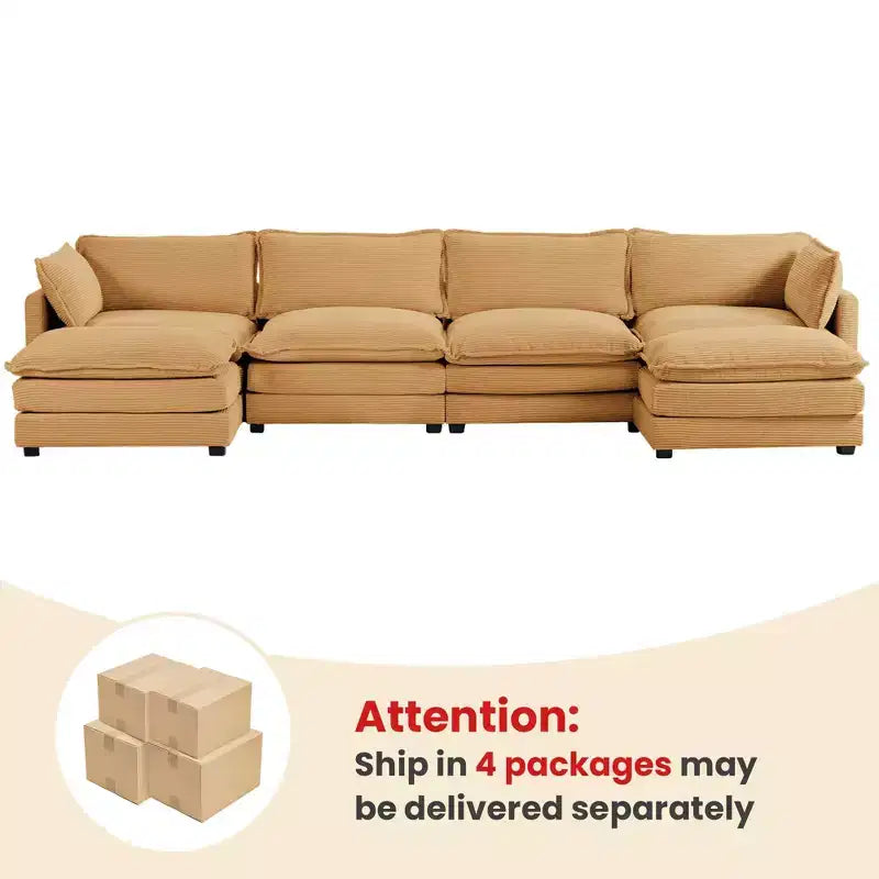 Hyleory Canapé d'angle moderne 6 places en velours côtelé de 373 cm de large avec deux ottomans
