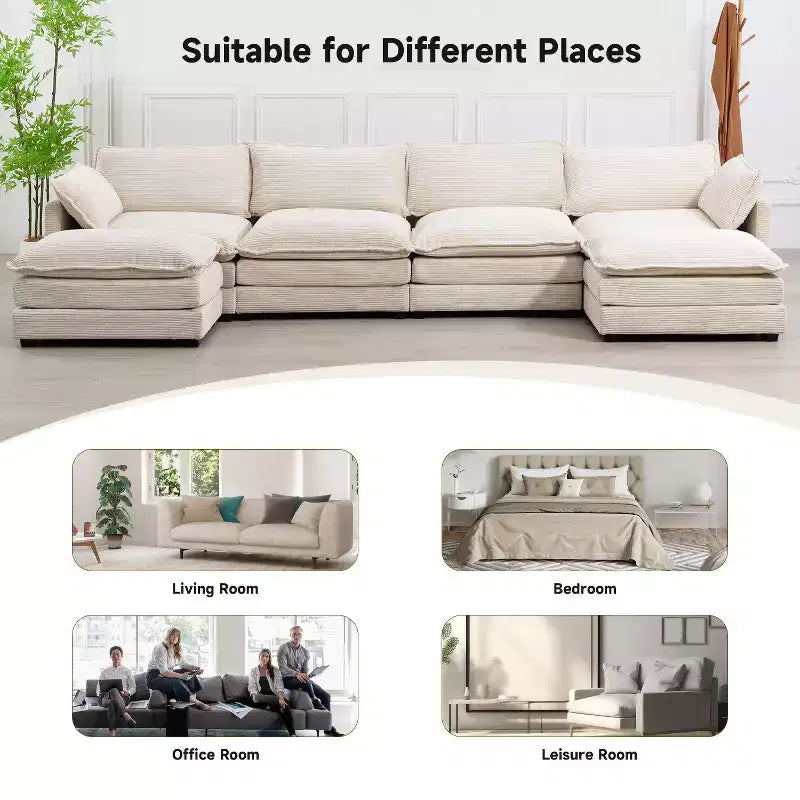 Hyleory Canapé d'angle moderne 6 places en velours côtelé de 373 cm de large avec deux ottomans