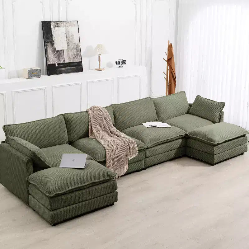 Hyleory Canapé d'angle moderne 6 places en velours côtelé de 373 cm de large avec deux ottomans