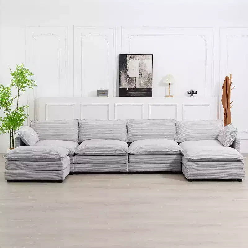 Hyleory Canapé d'angle moderne 6 places en velours côtelé de 373 cm de large avec deux ottomans