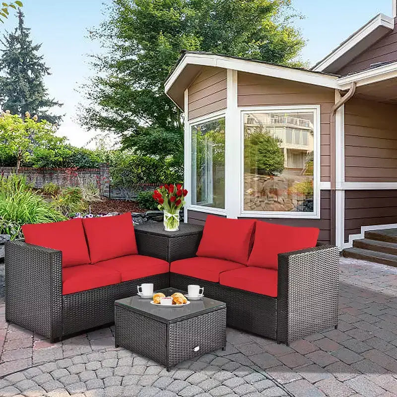 Costway Ensemble de Meubles de Jardin en Rotin 4 Pièces avec Coussins Causeuse Table de Rangement Turquoise\Rouge