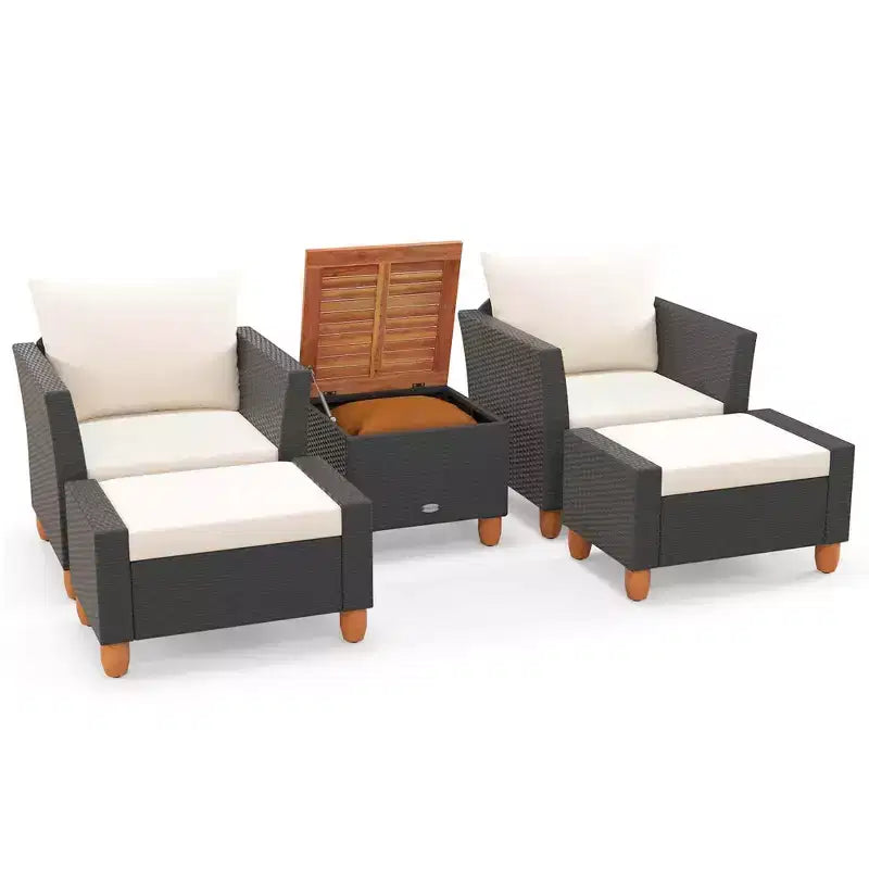 Ensemble de mobilier de patio Costway 5 pièces avec table de rangement, poufs, oreillers et coussins moelleux