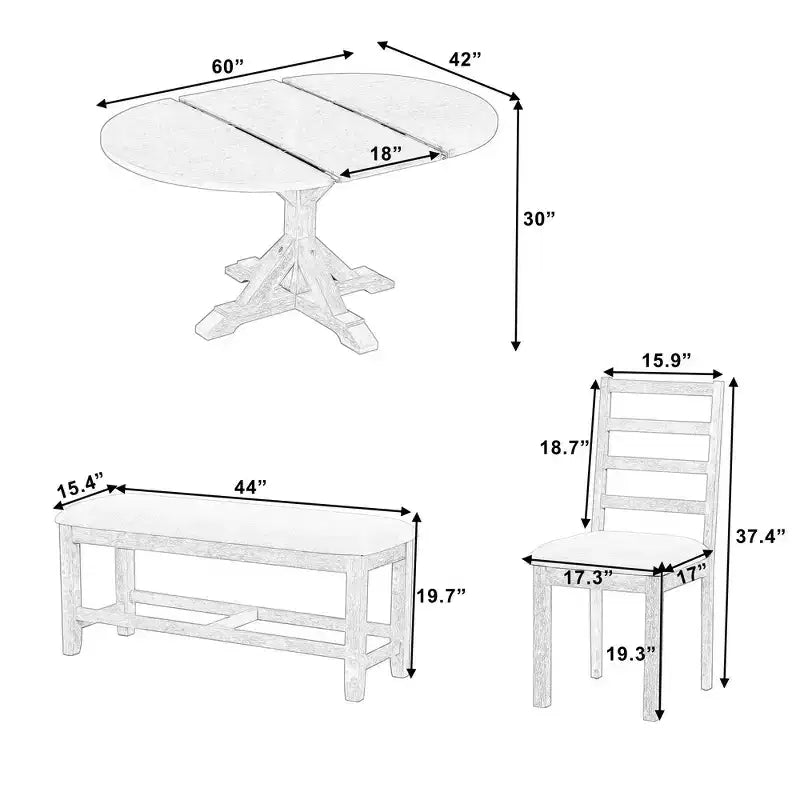 Ensemble de salle à manger 6 pièces Whisen Farmhouse, ensembles de salle à manger de cuisine avec table à manger extensible, 1 banc et 4 chaises de salle à manger à dossier échelle
