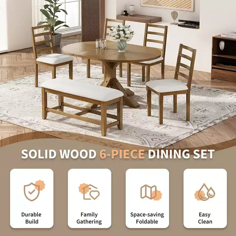 Ensemble de salle à manger 6 pièces Whisen Farmhouse, ensembles de salle à manger de cuisine avec table à manger extensible, 1 banc et 4 chaises de salle à manger à dossier échelle