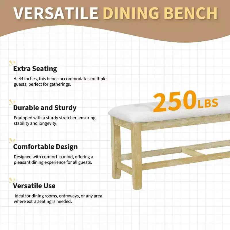 Ensemble de salle à manger 6 pièces Whisen Farmhouse, ensembles de salle à manger de cuisine avec table à manger extensible, 1 banc et 4 chaises de salle à manger à dossier échelle