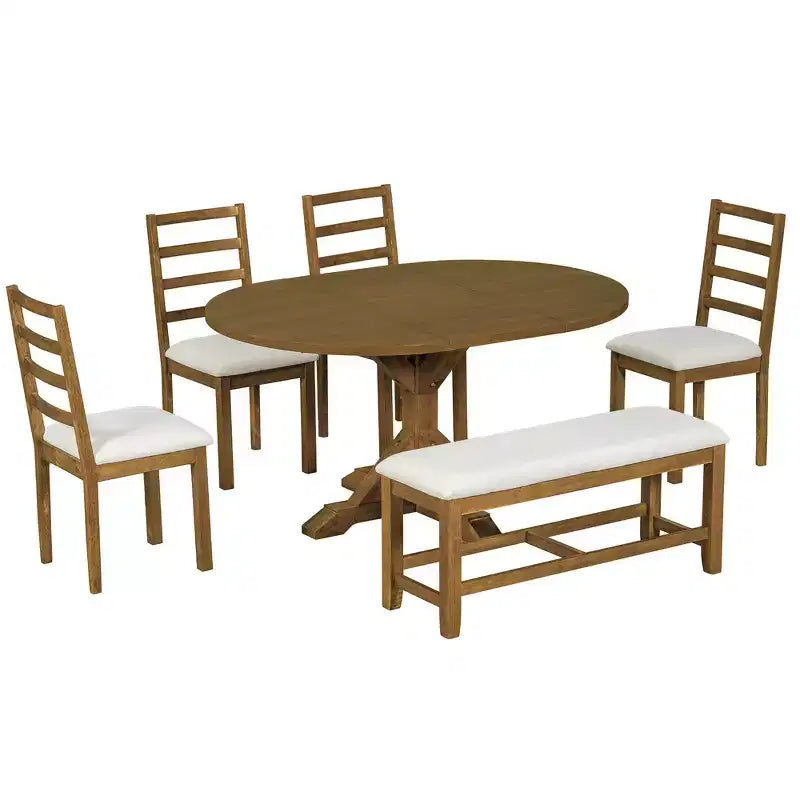 Ensemble de salle à manger 6 pièces Whisen Farmhouse, ensembles de salle à manger de cuisine avec table à manger extensible, 1 banc et 4 chaises de salle à manger à dossier échelle