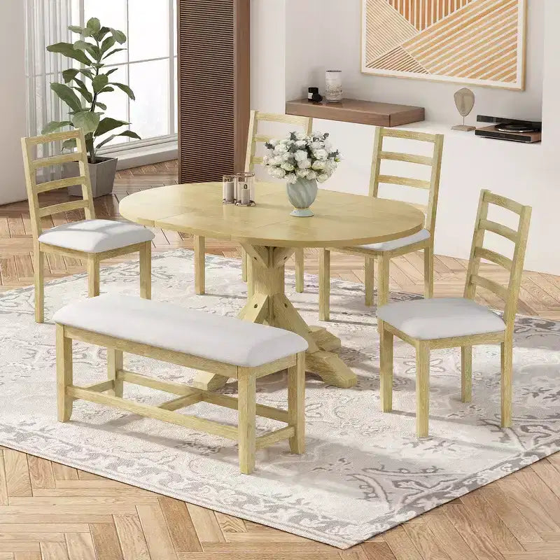 Ensemble de salle à manger 6 pièces Whisen Farmhouse, ensembles de salle à manger de cuisine avec table à manger extensible, 1 banc et 4 chaises de salle à manger à dossier échelle