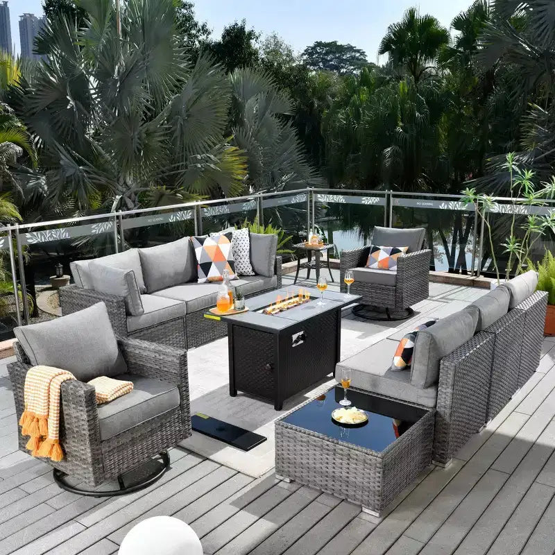 Ovios Venise Salon de jardin 11 pièces en osier avec brasero métallique, fauteuils pivotants et coussins