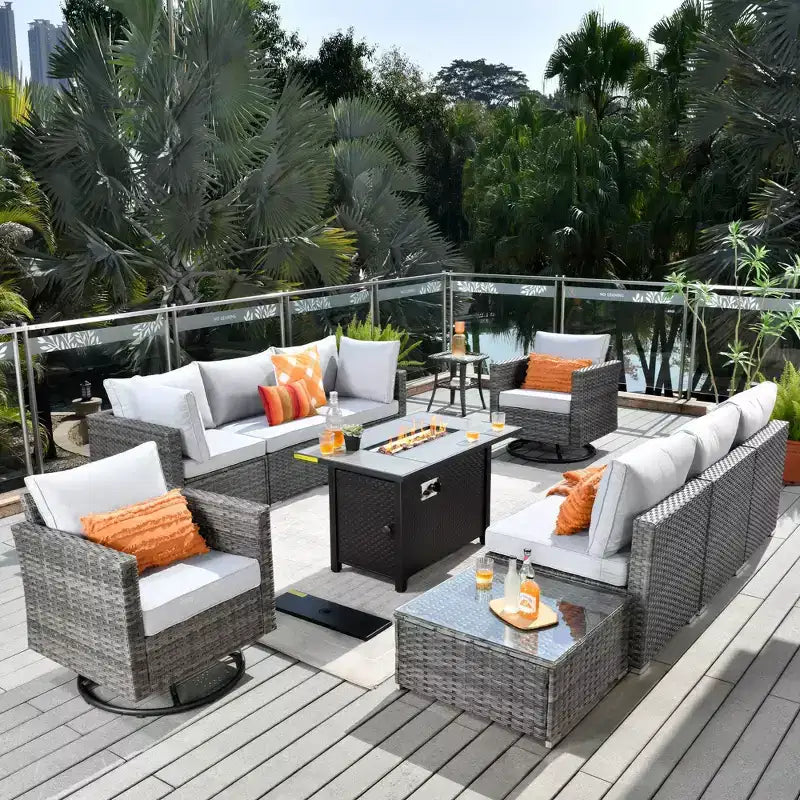 Ovios Venise Salon de jardin 11 pièces en osier avec brasero métallique, fauteuils pivotants et coussins