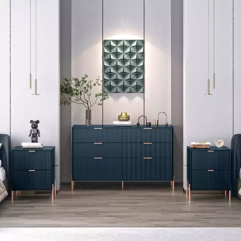 Ensemble Festivo 3 pièces : 2 tables de chevet modernes élégantes à 2 tiroirs et 1 commode à 6 tiroirs
